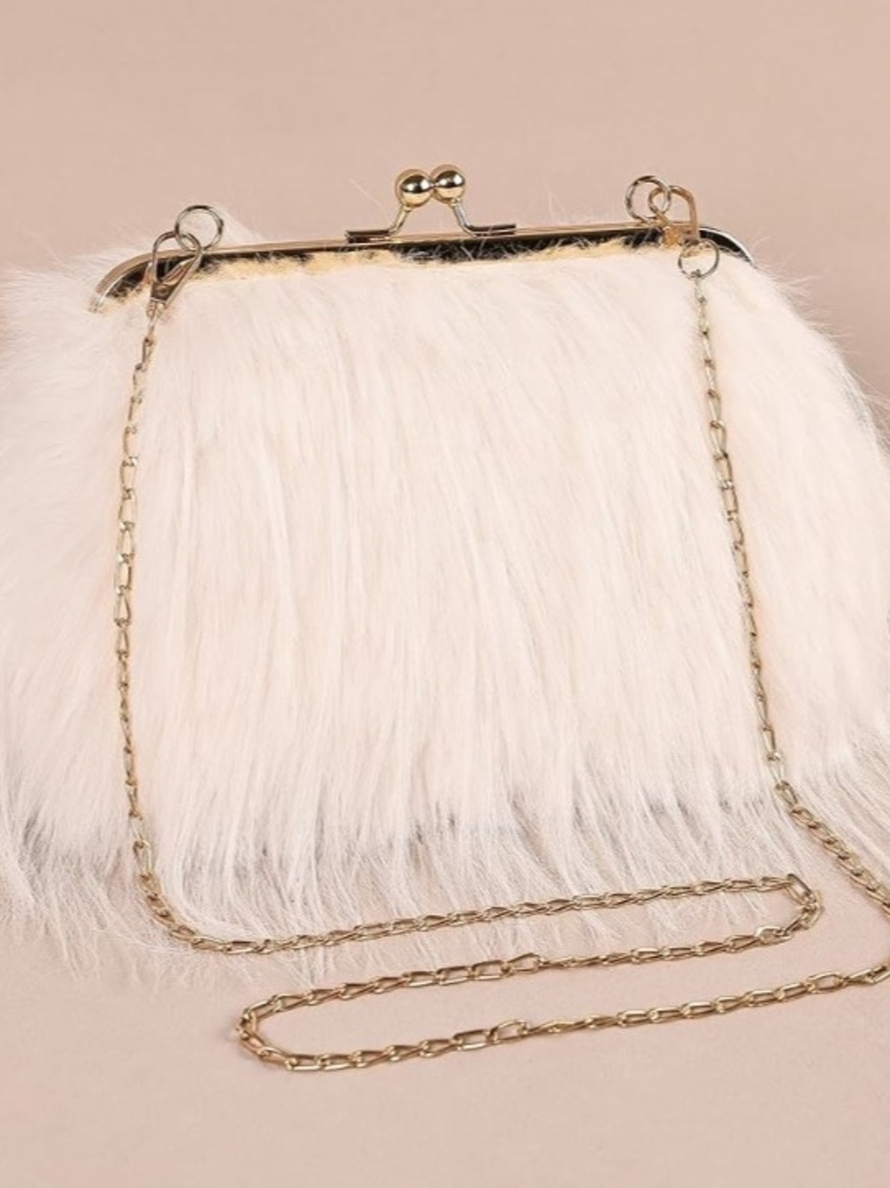 Faux Fur Clip-Top Crossbody Bag in White with Gold Chain